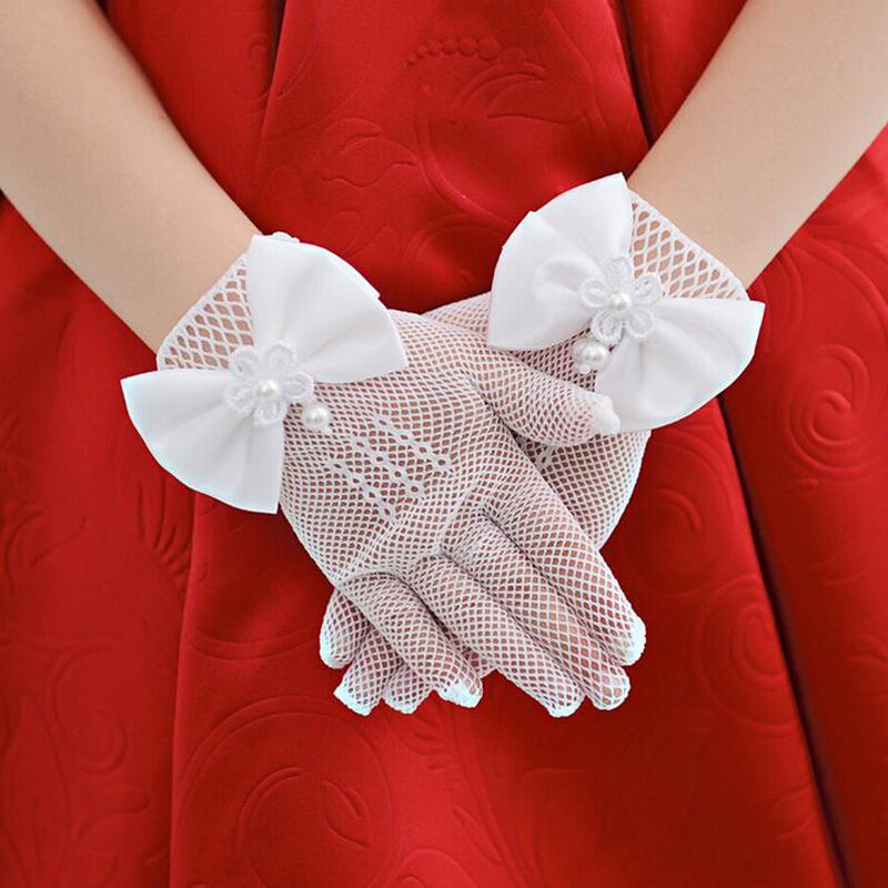 Wit Kant Faux Pearl Visnet Handschoenen Communie Bloem Voor 4-15 Jaar Meisjes Kids Bruid Party Ceremony Accessoires