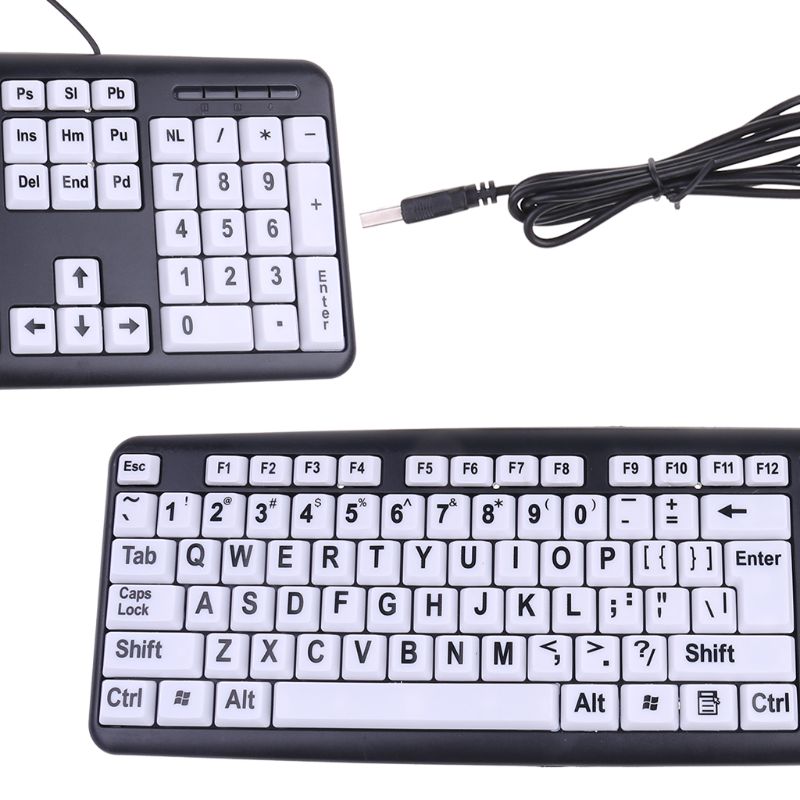 USB Wired PC Computer Game Gaming Keyboard High Contrast Large Print White Keys Black Letter for Old People Elderly Men