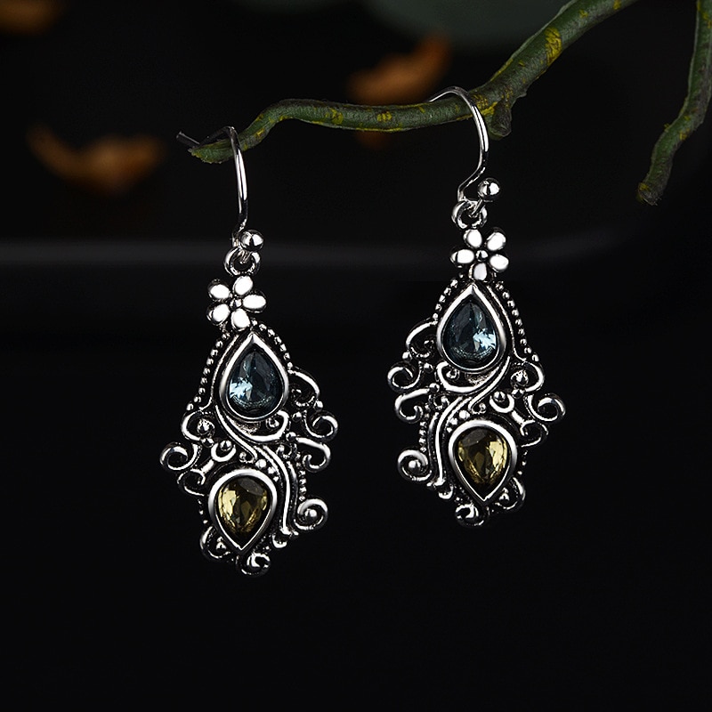 JoiasHome 925 Earrings Vintage Ethnic Blue Sea Topaz Passion Flower Water Pear Shaped Earrings