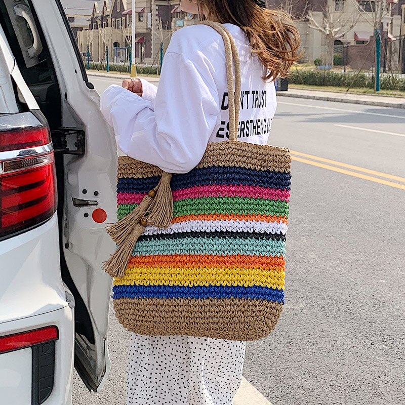 Contrast color Straw Tote bag Summer Women's Handbag High capacity Shopping Shoulder bag Beach Travel bag