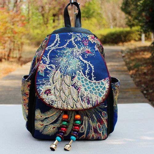 Retro Phoenix Geborduurde Rugzak Pailletten Canvas Tribal Etnische Geborduurde Bloemen Rugzakken Nationale Vrouwen Back Pack Bag: Blauw