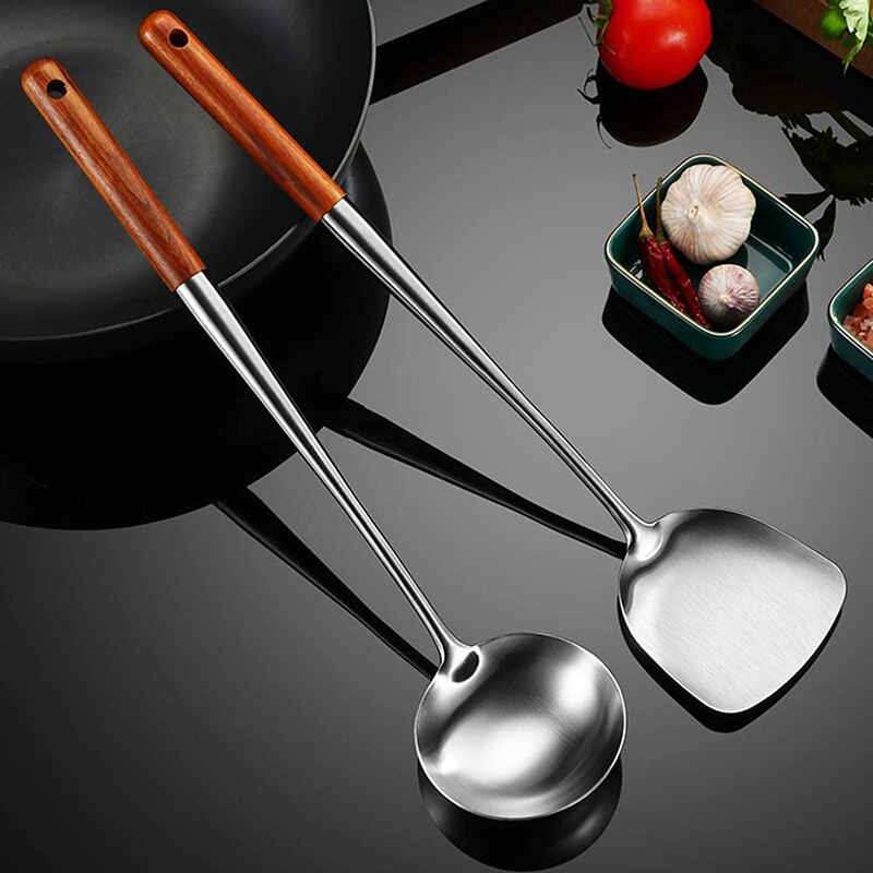 Wok Spatula and Ladle Tool Set, 17 Inches Spatula for Wok, Stainless Steel Wok Spatula