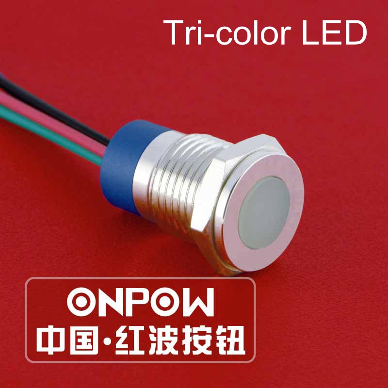 ONPOW 12mm Waterdichte IP67 Platte Tri-color RGB Pilot lamp 6 v, 12 v, 24 v LED lampje (GQ12T-D/Y/RGB/S)