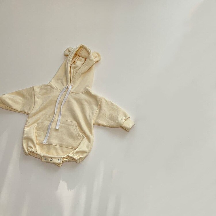 8222 Baby Kleding Hooded Jongens Bodysuit Herfst Pure Kleur Beer Oor Hooded Meisjes Bodysuit 0-2T Baby een Stuk Kleding Onesie: yellow  / 66cm