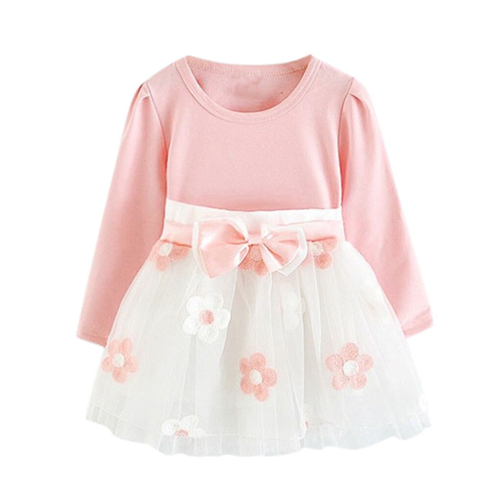 Autumn Newborn Infant Baby Dress Cotton Dress Toddler Kids Baby Girls Long Sleeve Tulle Patchwork Flower Bow Dresses Clothes: Pink / 4T