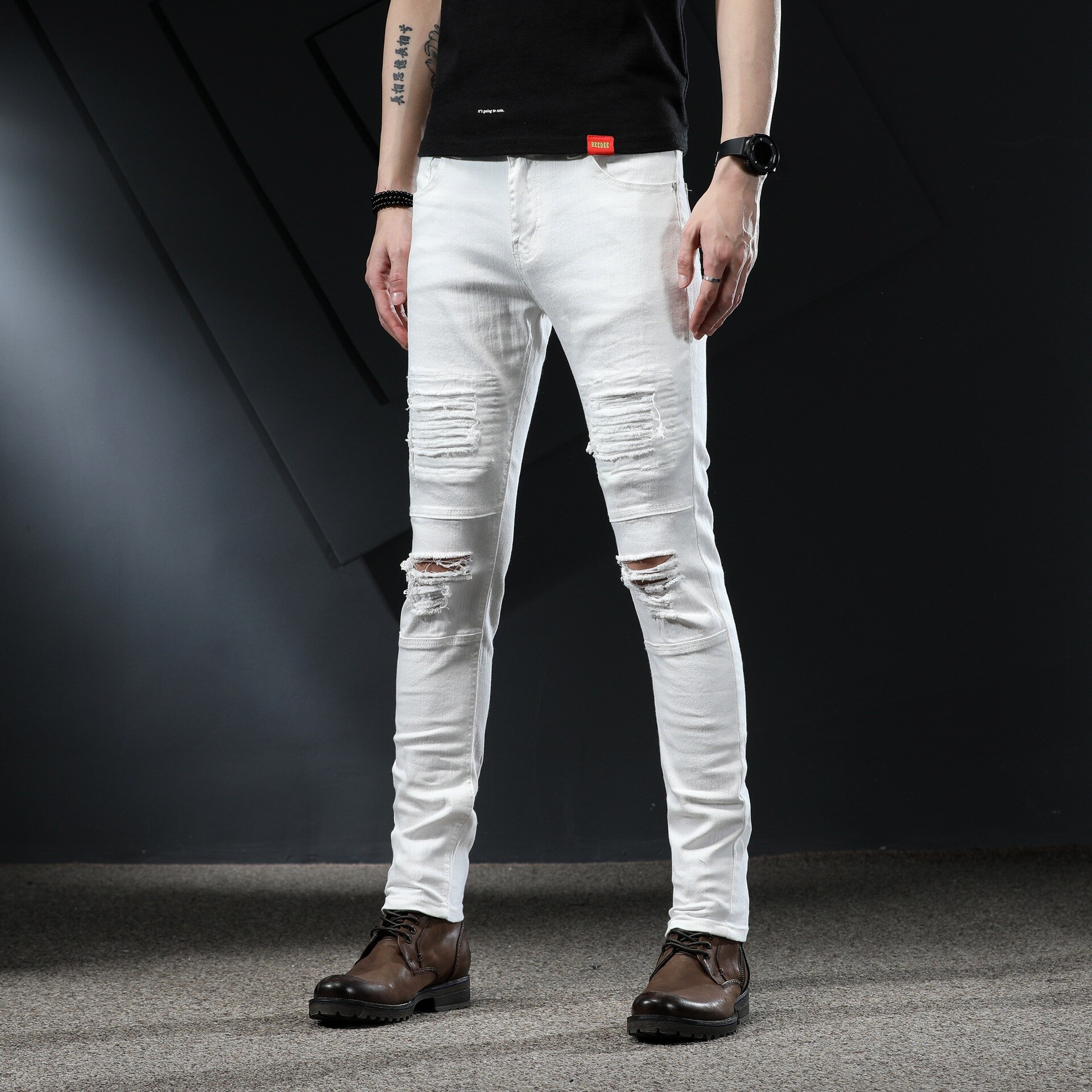 Ripped Jeans Voor Mannen Skinny Witte Jeans Stretch Denim Broek Jeans Heren Jeans Streetwear Patched Verontruste Grote Maat