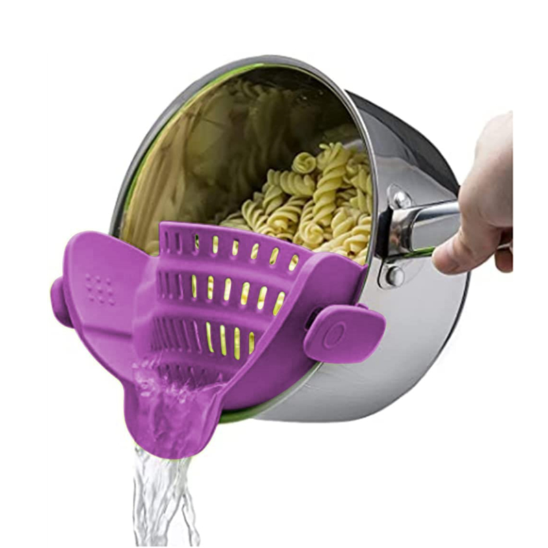 Adjustable Silicone Clip On Strainer Food Grade Heat Resistant Pot Drain Pan Strainer Liquid Drainer Kitchen Colander Strainer: Purple