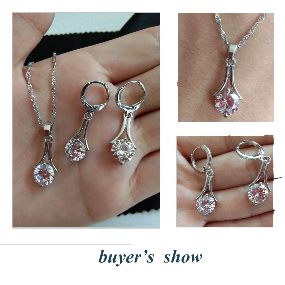 Simple Jewelry Set Women 925 Sterling Silver Wedding Anniversary Bijoux Necklace Earrings