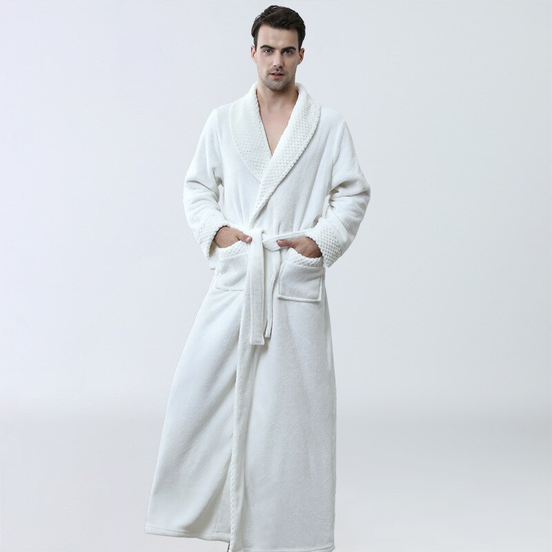 Men's Long Winter Bathrobe Soft Warm Flannel Pure Color Hotel Robe Red Wedding Robes Court Style Pajamas: White / XL