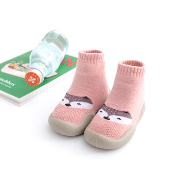 Calcetines antideslizantes con toalla más gruesa de zorro para bebé, calcetines para pies, 5 tamaños, 4 colores, P01: pink fox / 18-19 inner 11.5cm