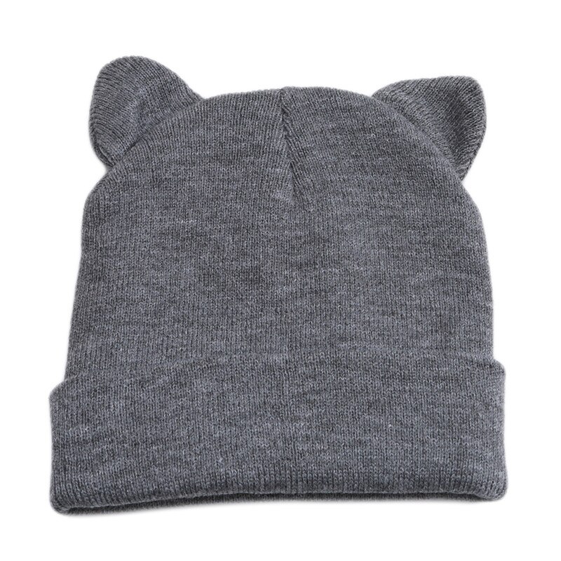 Høst vinterstrikkede luer skullies for kvinner utendørs slouchy panser casual cat ear hat caps: Grå