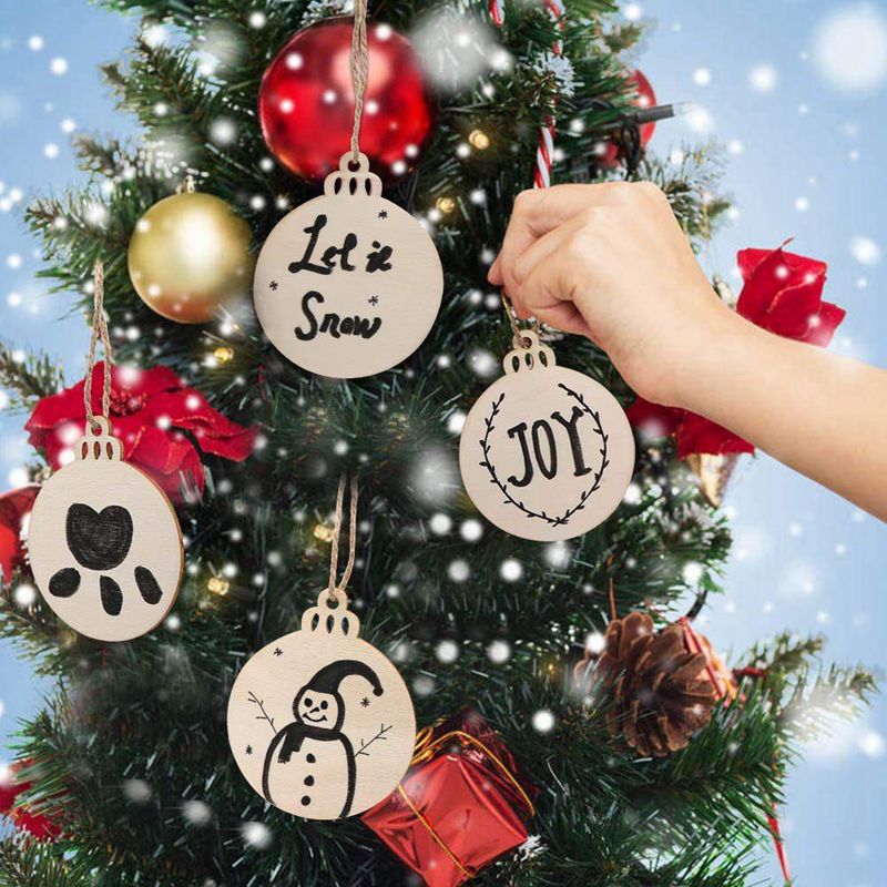 50pcs DIY Craft Wooden Round Bauble with 50pcs Twines to Paint, Unfinished Christmas Hanging Ornaments Natural Blank Wood Discs