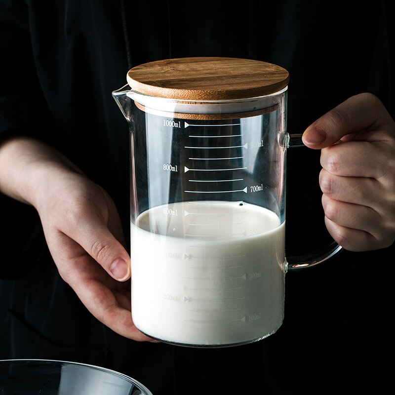 Transparent Glass Heat Resistant Handle Cup For Household Kitchen Baking Calibration Cups Measuring Jug With Cover Baking Tools