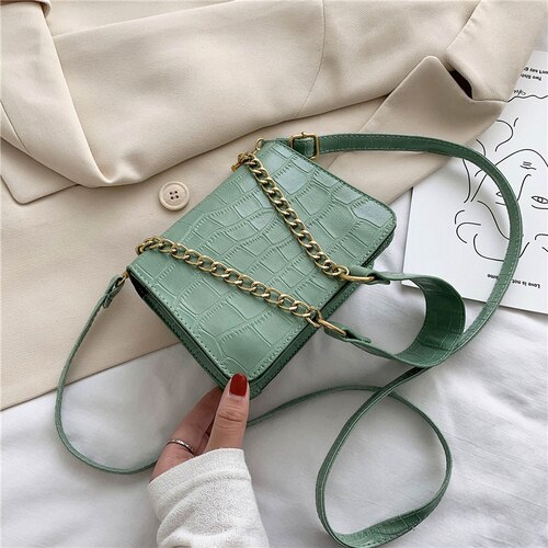 Krokodillemønster pu lær crossbody vesker for kvinner kjede kvinnelige skulder vesker mini vesker reise cross body bag: Grønn