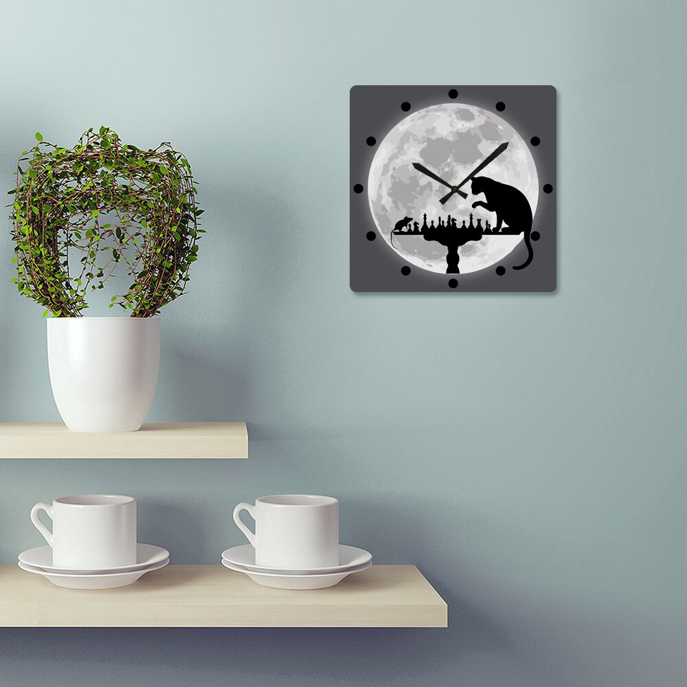 Cat Playing Chess with Mouse The Moon Background Square Wall Hanging Clock Animal Hunting Board Game Wall Watch Pet Lover