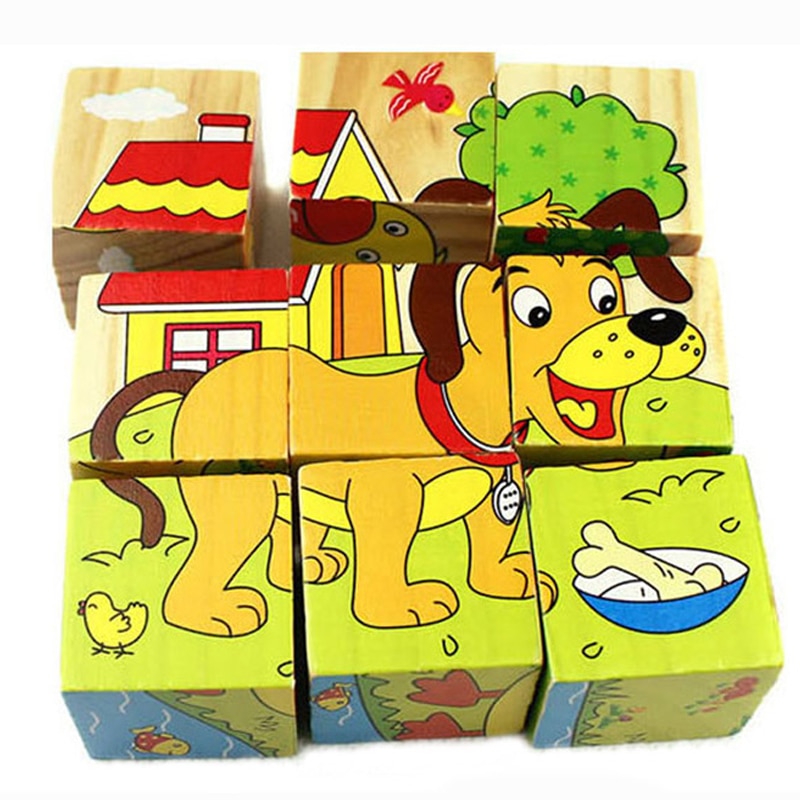 Kid Houten Cartoon Dier Puzzel Speelgoed 6 Zijden Wijsheid Jigsaw Early Education Learning Speelgoed Voor Kinderen Spel 9 Pcs Enkele 3D Puzzel