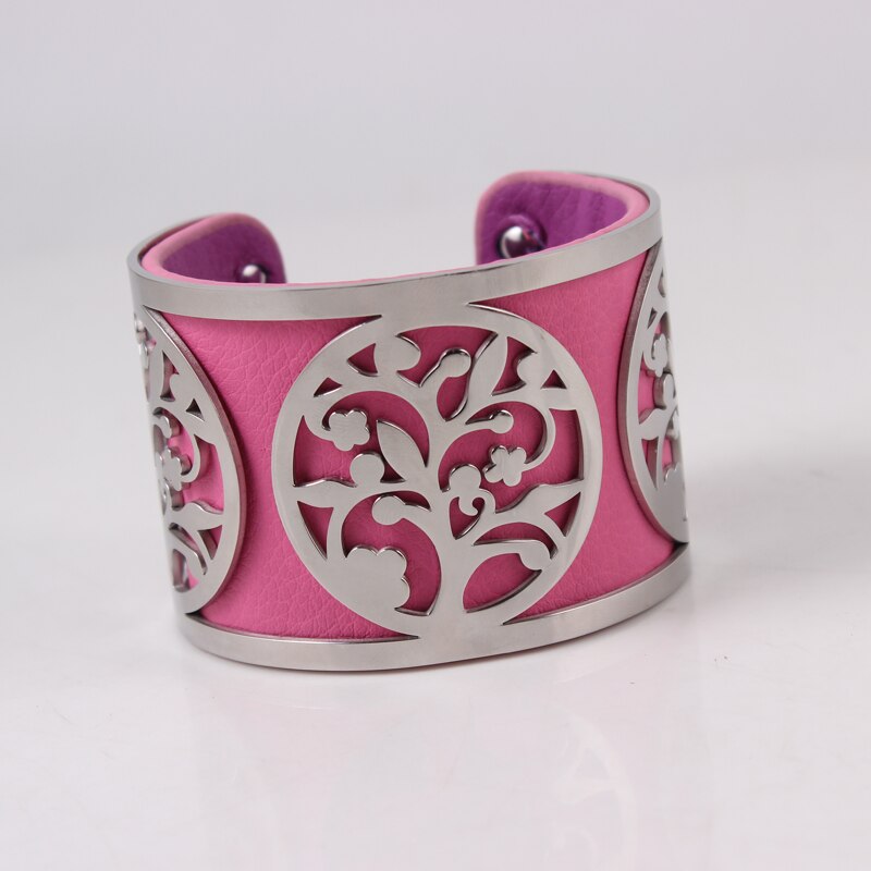 Árvore da vida pulseira de aço inoxidável ajustável georgette bangles intercambiáveis pulseira de couro para presente de jóias femininas: 5cm wide pink