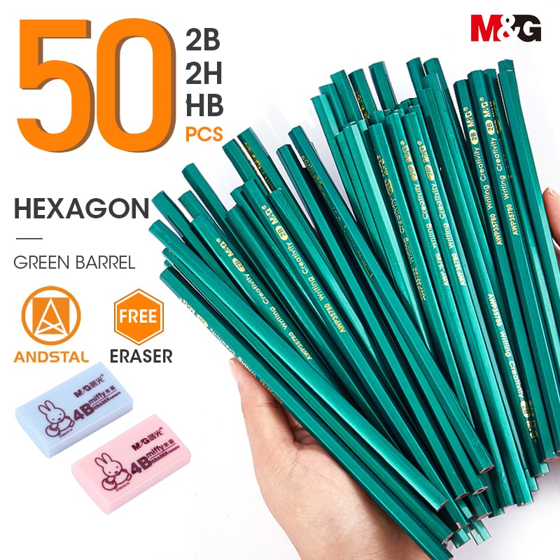Andsty-lápiz de madera M &amp; G HB 2B 2H con sacapuntas gratis, lápiz de grafito de plomo de madera con goma de borrar para suministros de papelería escolar