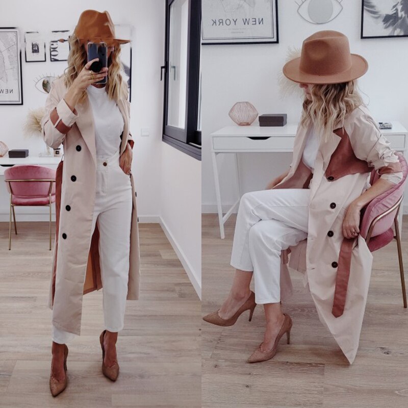 Aprikos höst vinter kvinnor vindrock kontor dam snörning kvinnlig trenchcoat kausal rak lång kappa