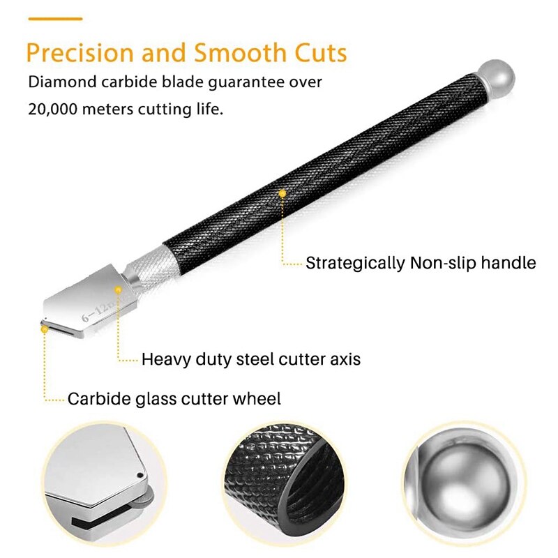 Glass Cutter,2mm-20mm Glass Cutting Tools Pencil Style Oil Feed with 3 Carbide Tips,Auxiliary Handle