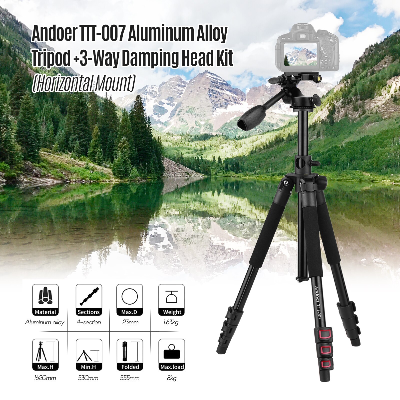 Tripé de câmera andoer de 162cm, tripé de liga de alumínio + cabeça de tripé de 3 vias para câmeras dslr ildc com carga máxima de 8kg