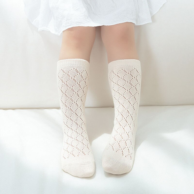 Calcetines de algodón para bebé, calcetines calados de verano para bebé hasta la rodilla, calcetines de malla transpirable, calcetín para niños y niñas: beige