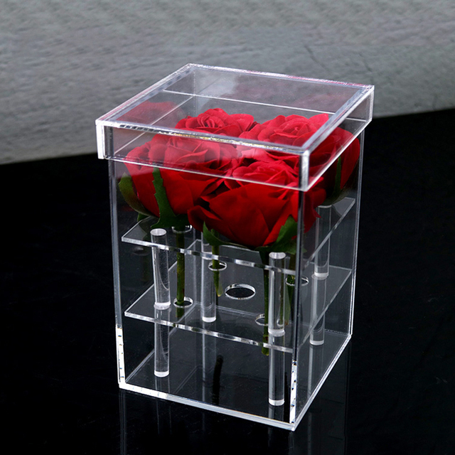 Acrylic Rose Flower Box Makeup Organizer Artificial Flower Bouquet Valentine's Day Wedding Decor Box: 4 Holes Box