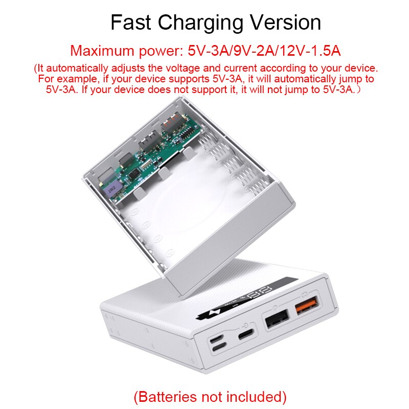 5*18650 Power Bank Case Support Quick &amp; Wireless Charger Detachable 18650 battery Holder Charging Box Charge QC 3.0 PD DIY Shell: Fast White