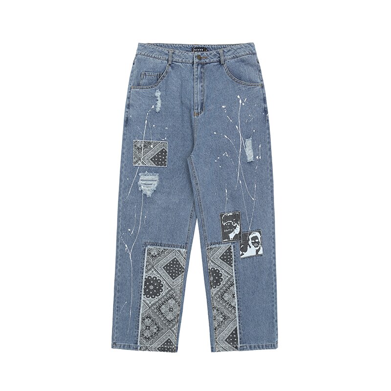 UNCLEDONJM Cashew Flower Patchwork jeans denim black jeans men baggy jeans women Graffiti hip hop jeans loose men clothing Ygh01: Blue / XL