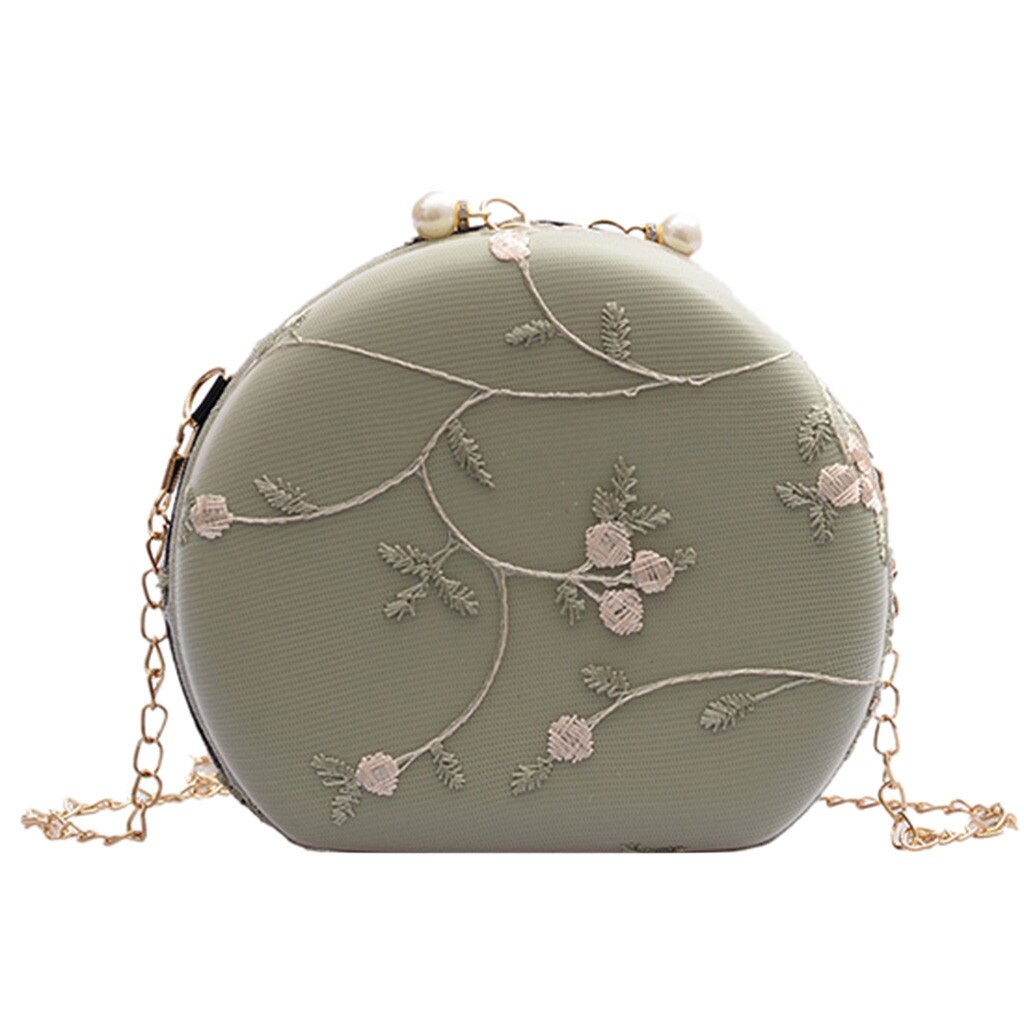 Embroidery Flowers Women Round Clutch Evening Bags Gold Chain Shoulder Bags Girls Handbags Purses Party Bag #YL5: Green