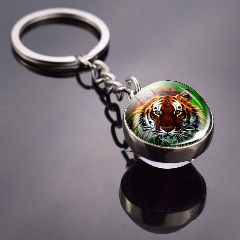Tiger Keychain Animal Tiger Head Picture Glass Ball Key Chain Ring Keyfob Tiger Jewelry Valentine's: Black