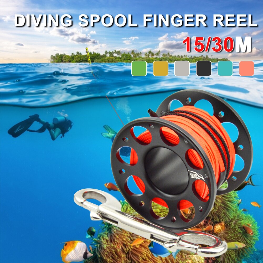 15m/30m Duiken Aluminium Spool Vinger Reel Met Rvs Diving Spool Finger Reeldouble Ended Haak Smb Apparatuur Cave Dive