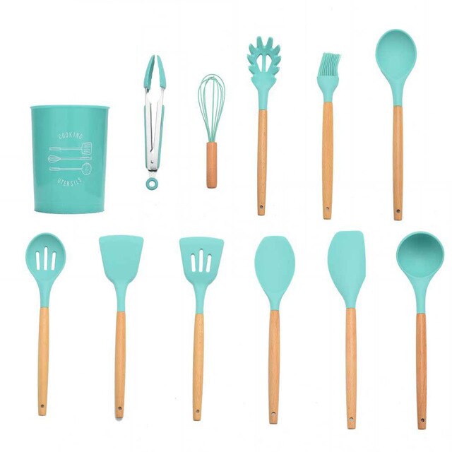 ATUCOHO 12PCS Kitchen Utensils Cooking Kit Silicone Accessories Spaghetti Food Clip Oil Brush Spatula Egg Beater Kitchen Tools: Mint GREEN 12PCS-B