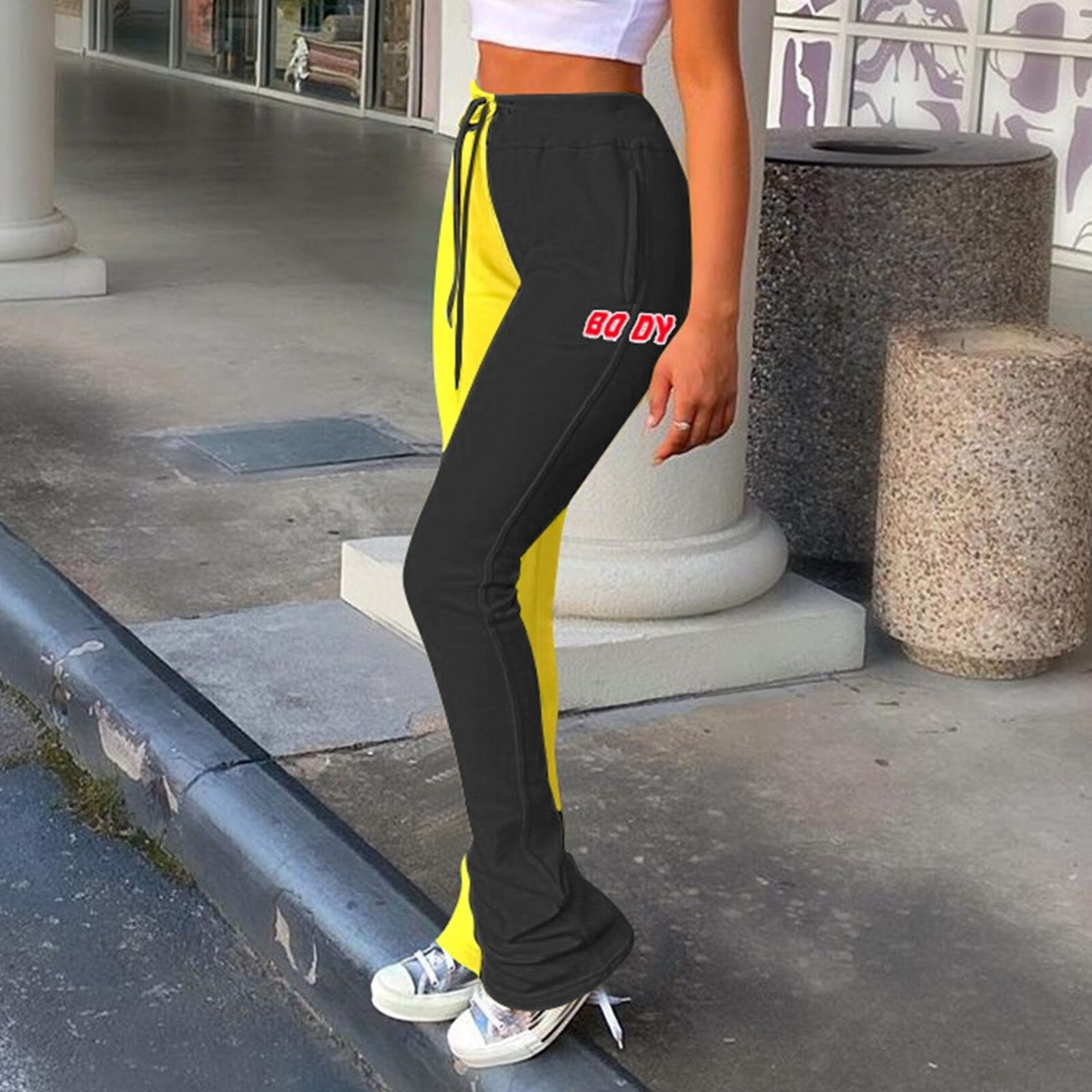 Winter Herfst Kleur Stiksels Trainingsbroek Vrouwen Flare Broek Joggers Hoge Wasit Lace Up Broek Streetwear Casual Track Pant: Yellow Black / Asian Size M