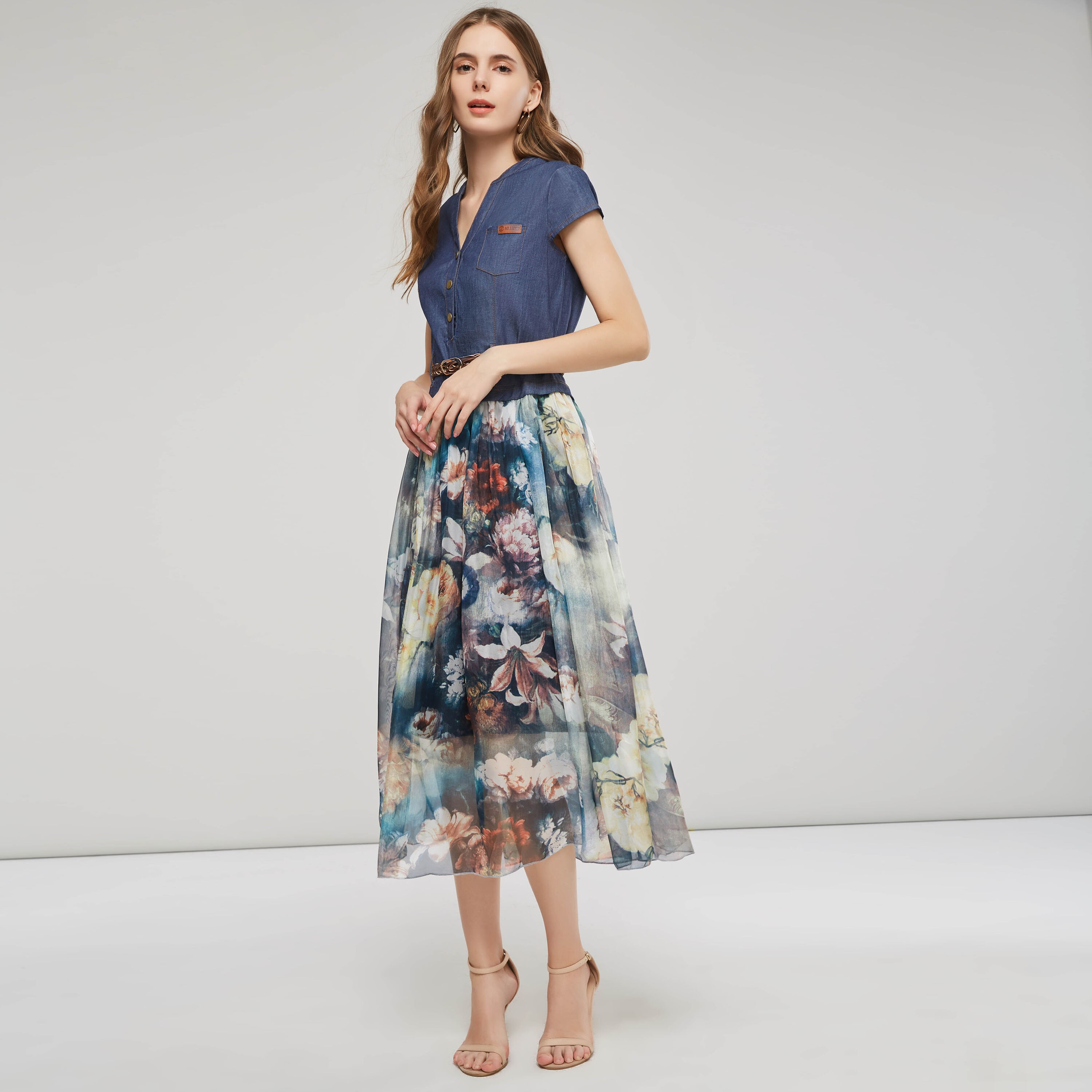 Kvinder afslappet kjole denim chiffon patchwork blomsterprint kortærmet v-hals bohemia a-line kvindelige maxi kjoler