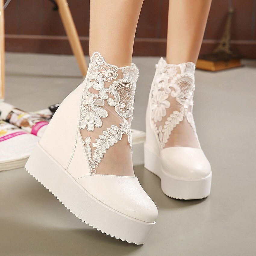 Söta spets romerska skor kvinnor kilklackar vita platform pumps höga klackar zapatos plataforma mujer encaje 34-39: Vit / 3.5