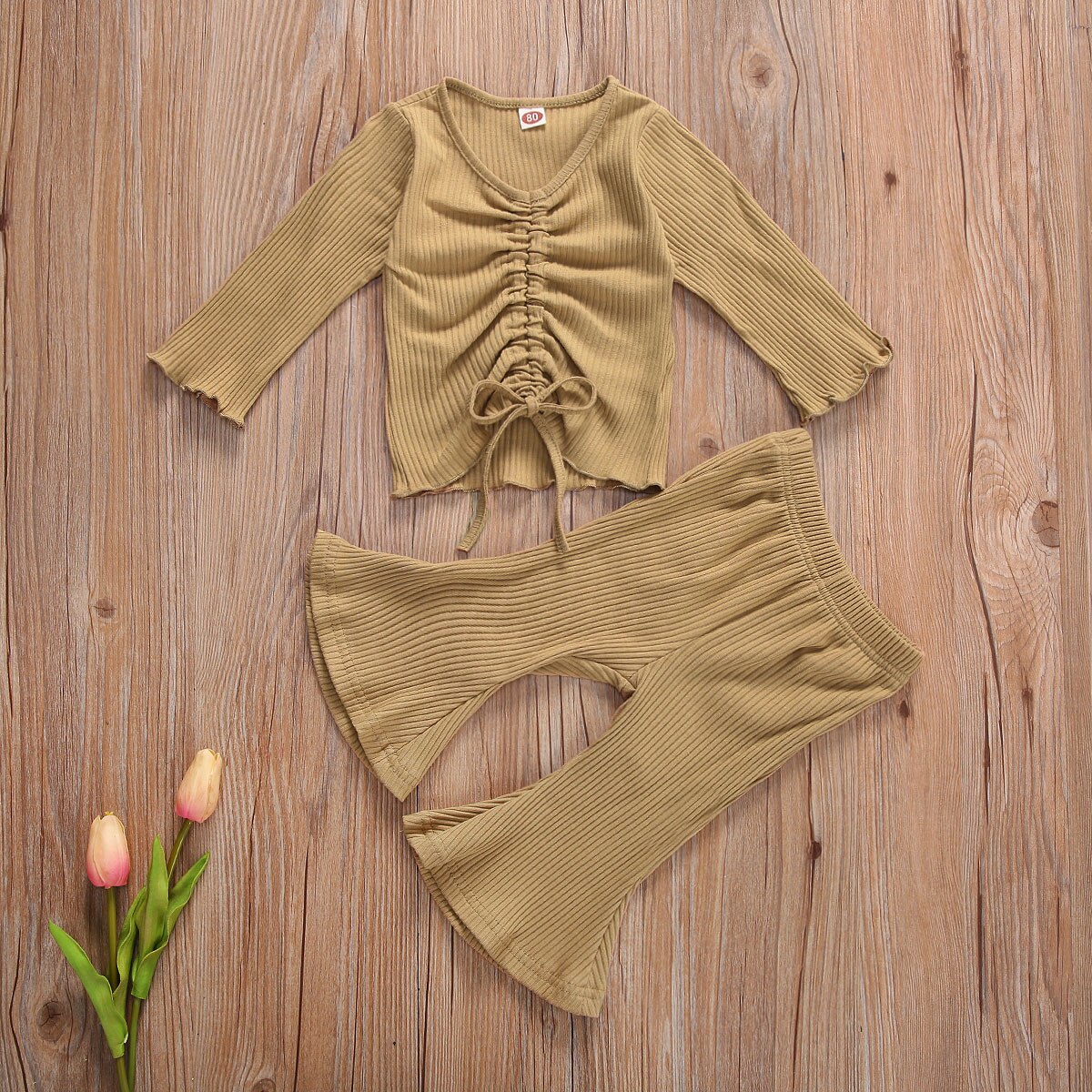 Infant Kids Baby Meisje Geribbeld Solid Set Uitlopende Mouwen Pak Lange Mouwen Tops Shirt Broek Navel Trekkoord Lente Kleding