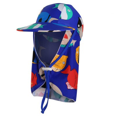 kids swimming caps outdoor sun sand UV rays block big brim sunhat ear neck cover print swim cap kids bathing cap for boys girls: 10