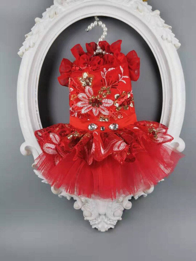 à la main chien vêtements chien robe rouge paillettes brodé fleur robe de mariée pour animaux de compagnie chats caniche Yorkie maltais