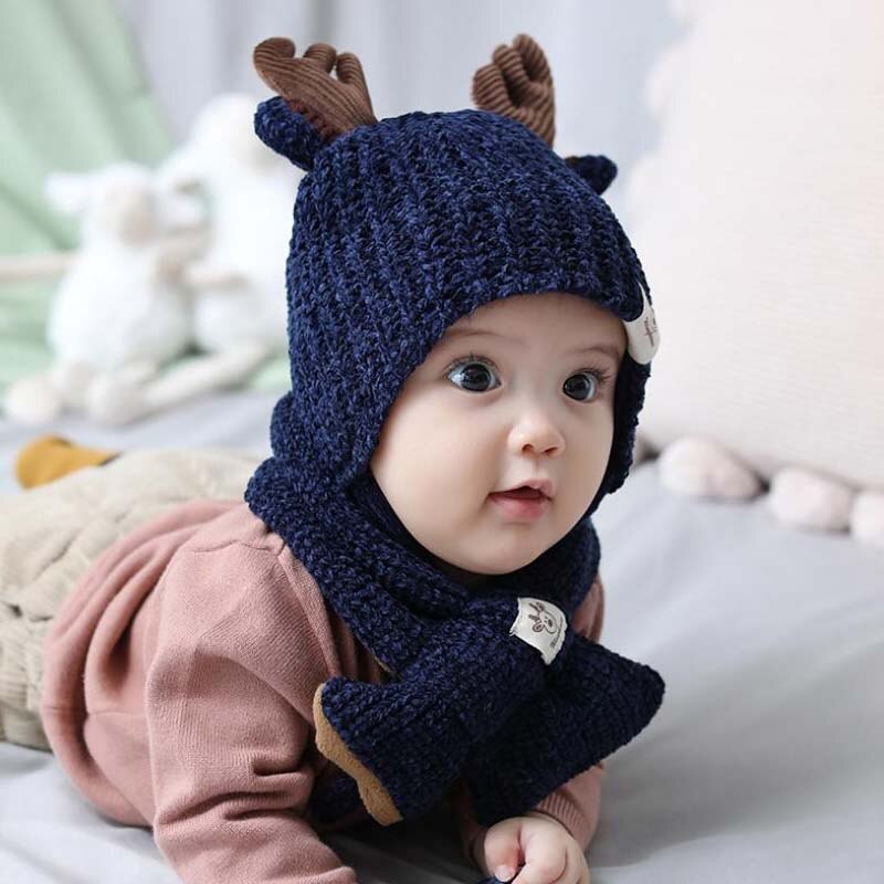Doitbest 8 months to 3 Years kids Beanie little deer kid boys Knit hats winter 2 pcs fur baby girls winter hat and scarf