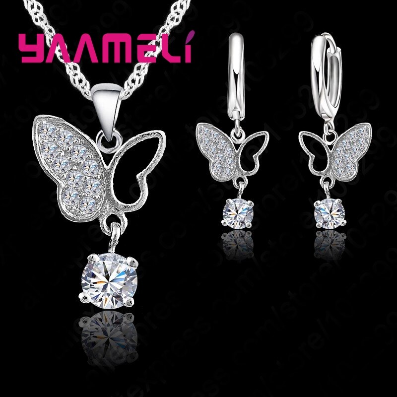 Bruids Sieraden Sets S925 Sterling Zilver Mozaïek Vlinder Cz Verharde Ketting Hanger Hoop Oorbellen Sieraden Set