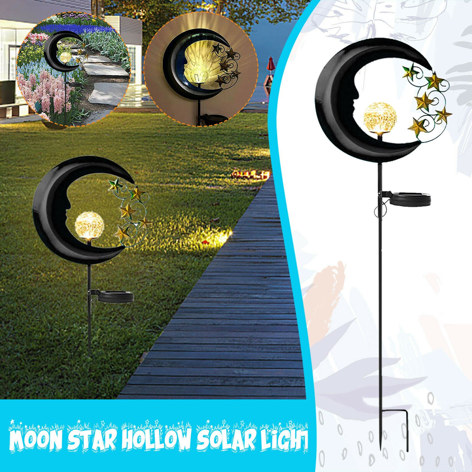 Outdoor Moon Shape Solar Garden Decorative Lights Waterproof LED Pathway Light for Lawn Patio Yard Decor GHS99: Black