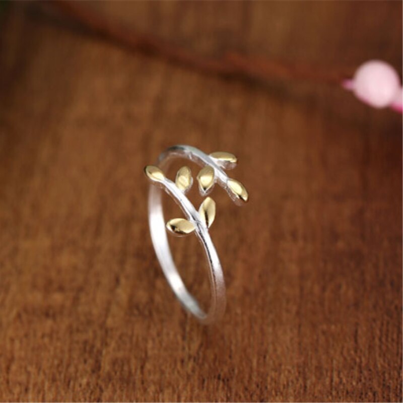 Fresh Leaf 925 Sterling Silver Literary Temperament Sweet Personality Cute Female Resizable Opening Rings SRI103