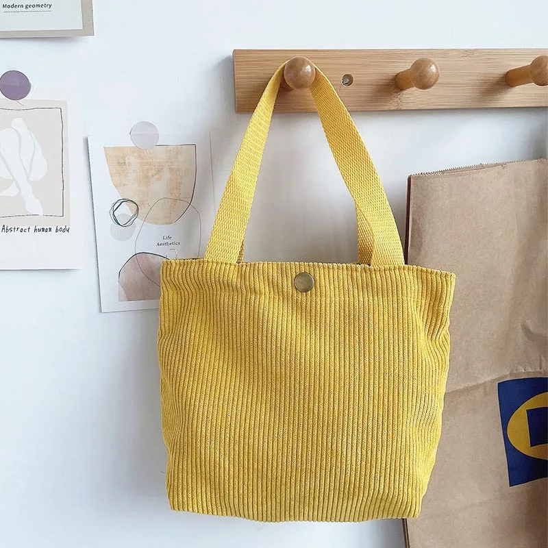 Lunchtas Corduroy Canvas Lunchbox Trekkoord Picknick Tote Eco Katoenen Doek Kleine Handtas Diner Container Voedsel Opbergzakken: YELLOW