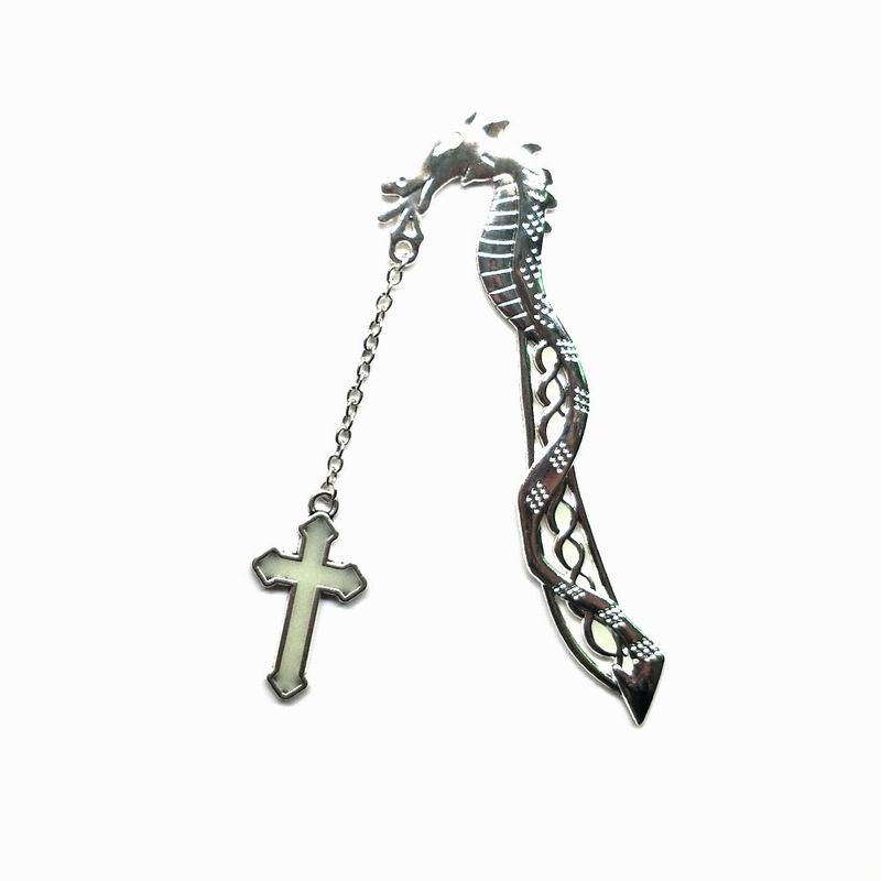 Liser Retro 2 Color Office Study School Supplies Luminous Alloy Cross Pendant Dragon/Ruler 2 in 1 Bookmark: TypeA-Silver