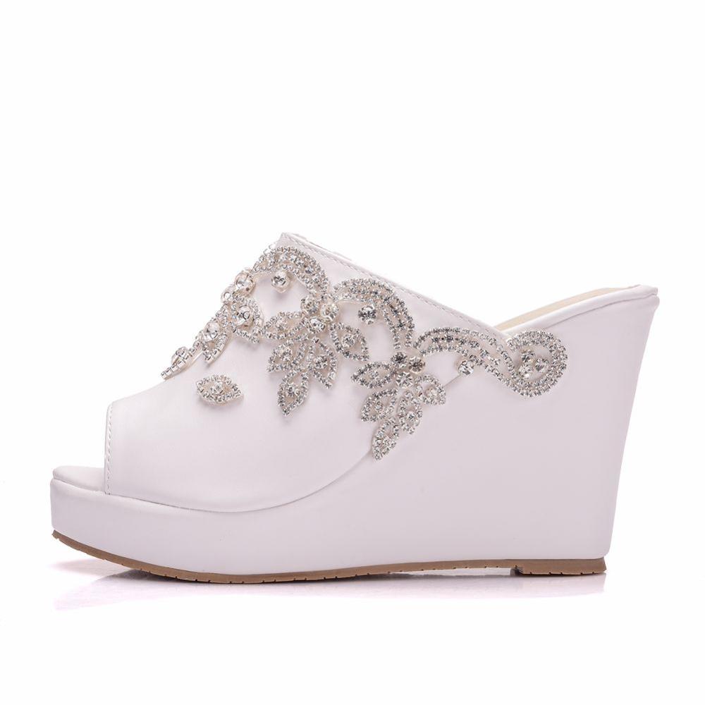 Cristal reina plata Diamante de imitación Peep Toe plataforma cuñas sandalias tacones altos zapatillas playa sandalias para mujer zapatos de boda