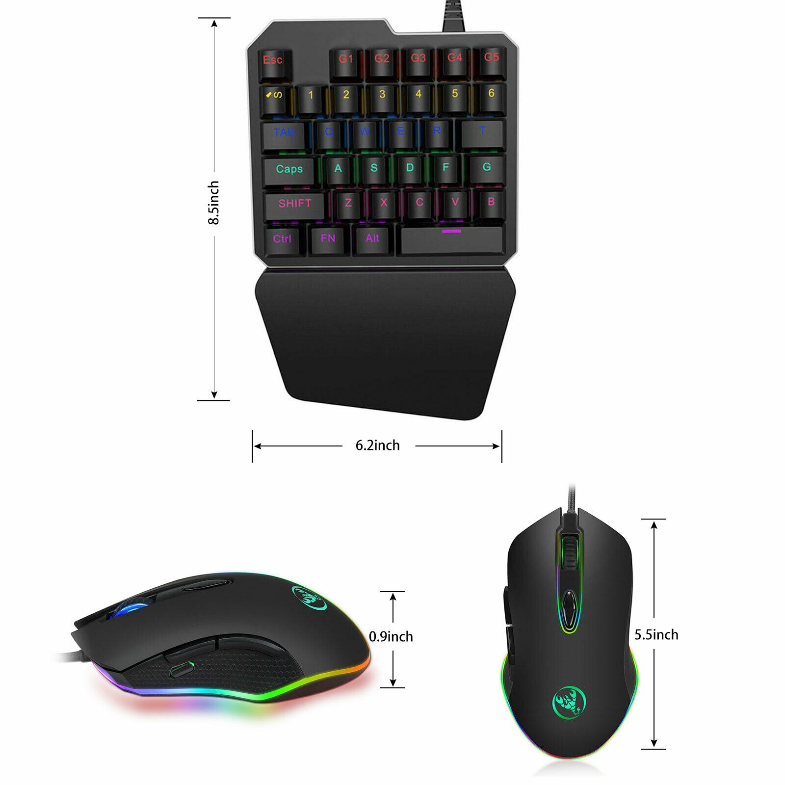 Mini LED Ergonomic Single Hand Game Keyboard + Mouse Mice Computer One Hand Left Hand Wired Keypad