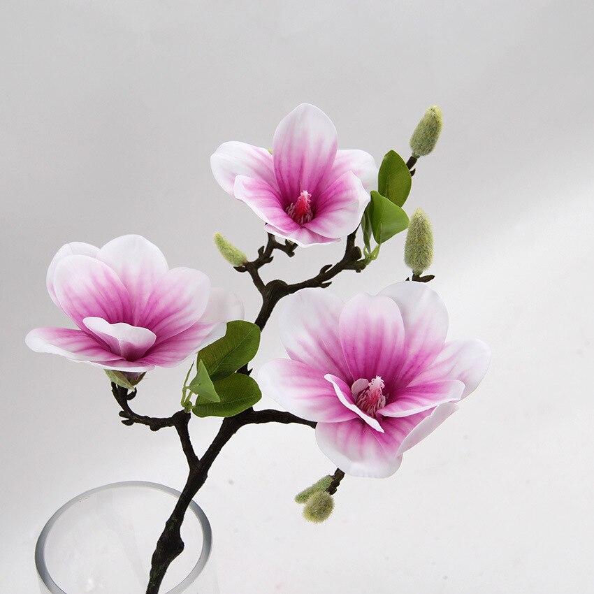 Rama de flor Magnolia abierta de 3 cabezas, flores artificiales para decoración blanca para boda, Decoración de mesa de habitación, flores artificiales: purple pink