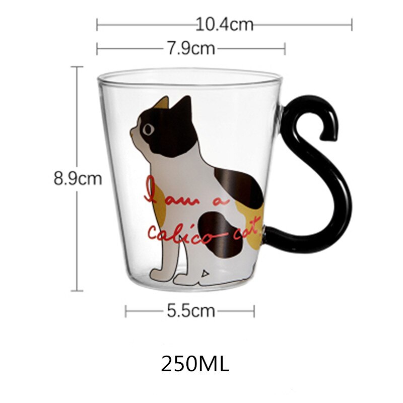 250ML Cute Cat Glass Juice Coffee Cup Milk Tea Coffee Glass Mug Cat Tail Handle Cat Valentine's Day Lover Stainless Spoon