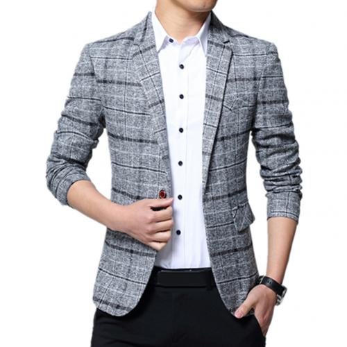 Salg! herre plaid revers slim fit blazer jakke frakke business jakke med én knap herre blazer bryllup dimission jakkesæt: Grå / Xl